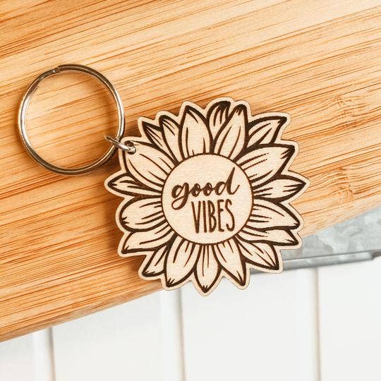 Knotty Design Co. | Good Vibes Sunflower Wooden Keychain